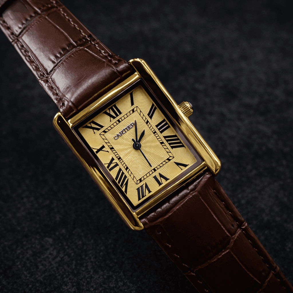 Cartier Style Rectangular Analog Watch for Men – Brown Leather Strap | Quartz Wrist Watch